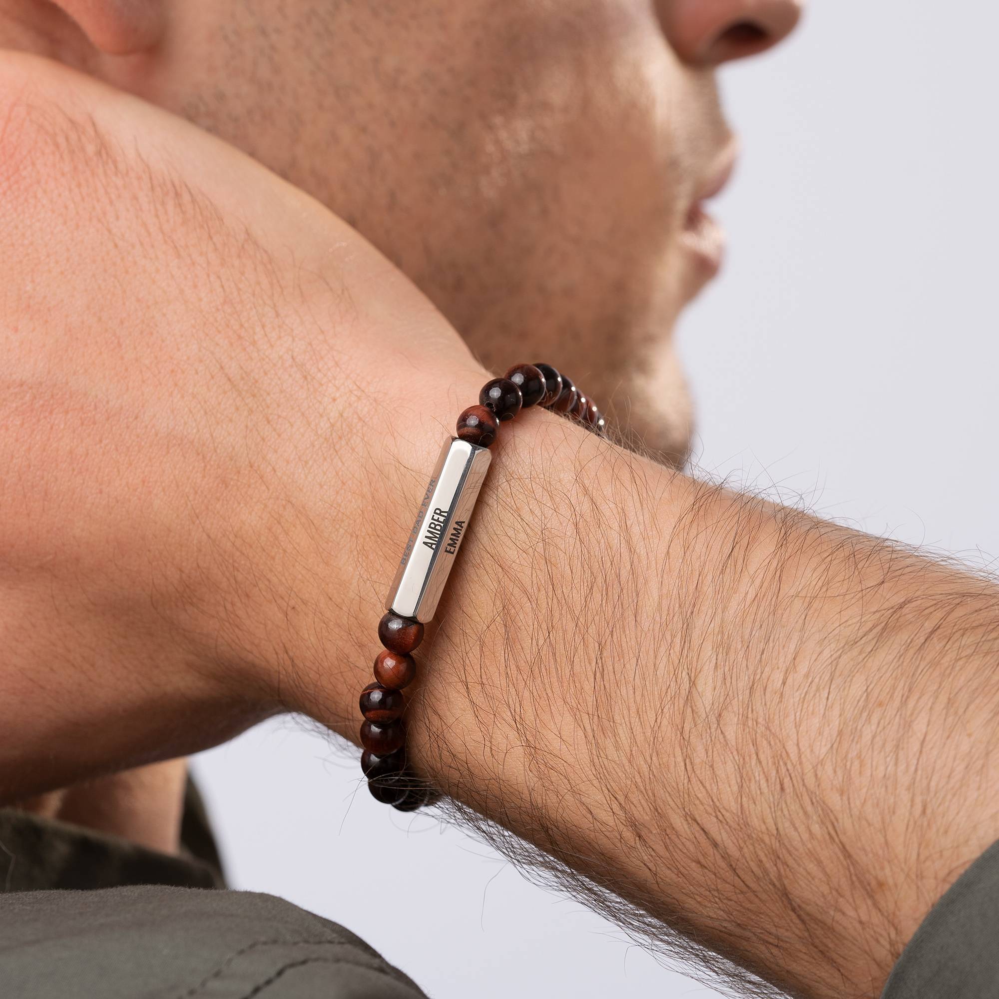 3D Sechseck-Barren & Tigerauge Perlenarmband für Männer-2 Produktfoto