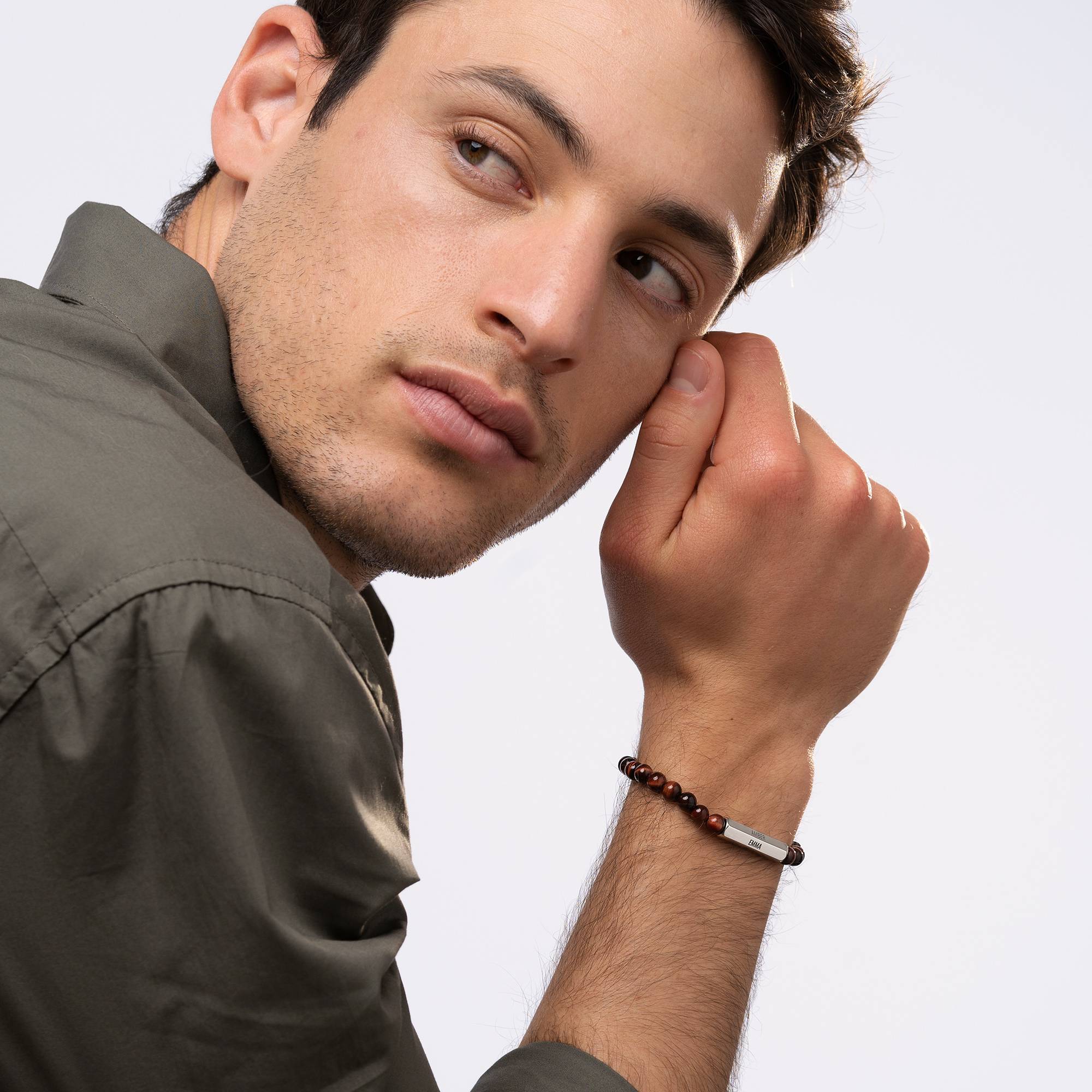 3D Sechseck-Barren & Tigerauge Perlenarmband für Männer-3 Produktfoto
