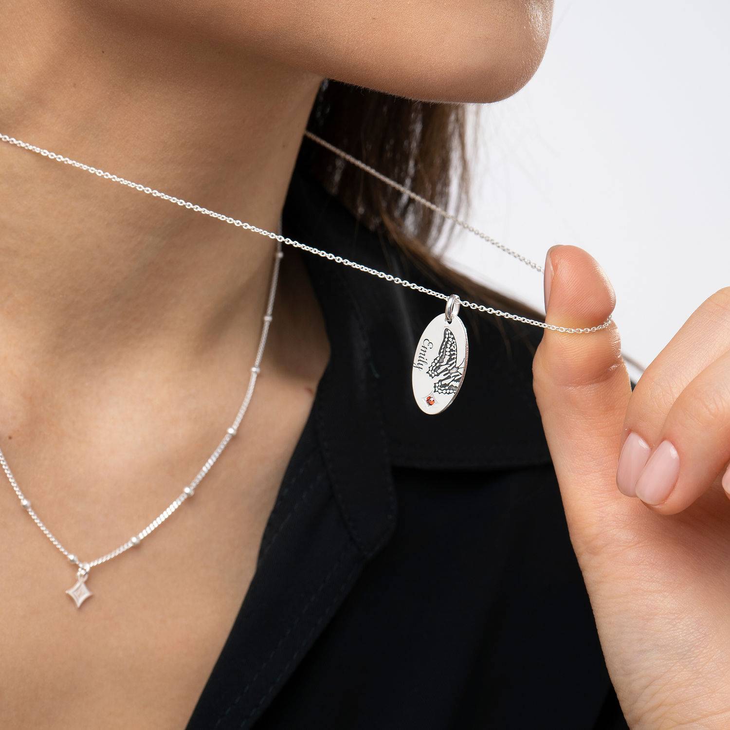 Lagenlook-Kette mit Schmetterling und Geburtsstein - Silber-3 Produktfoto
