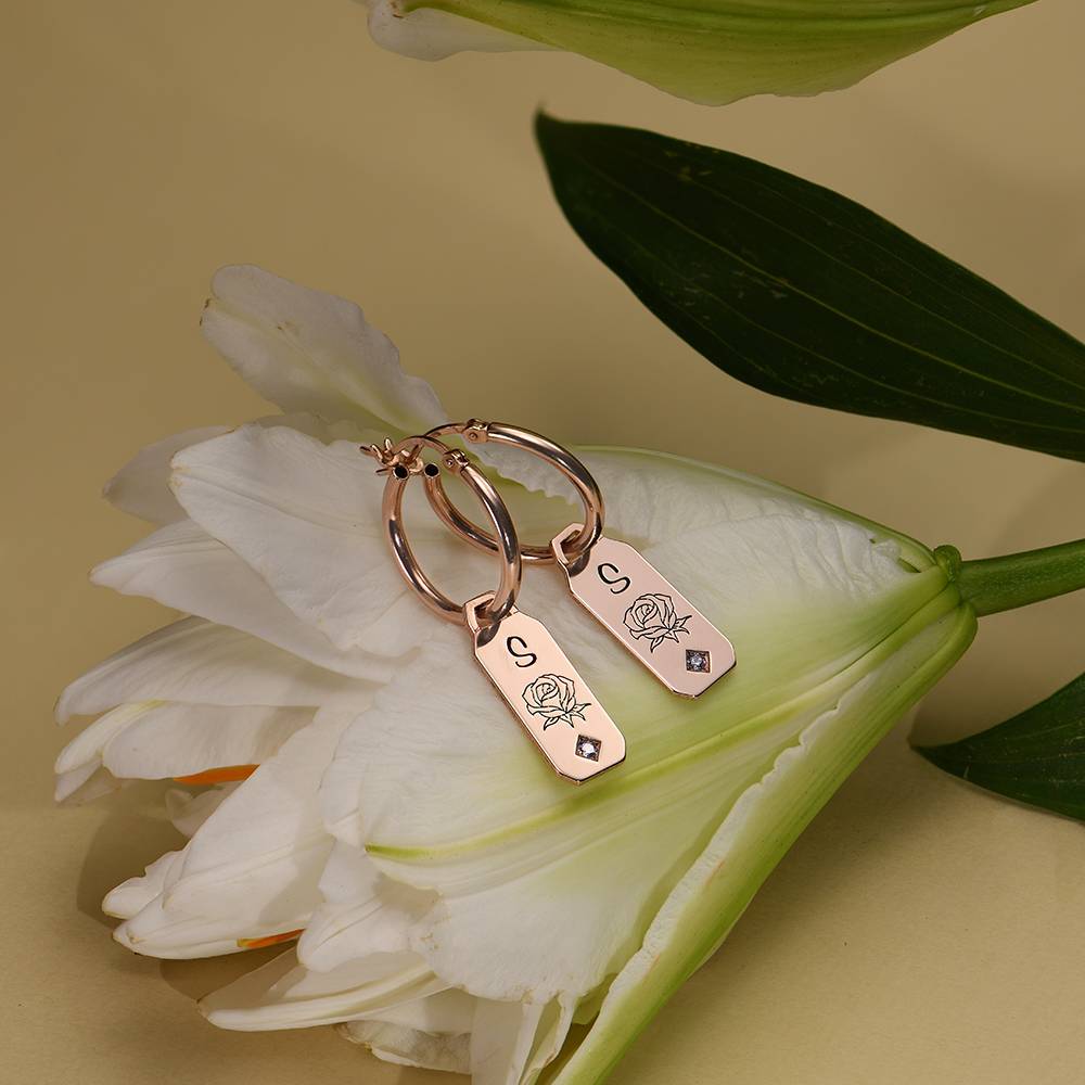 Blühende Geburtsblume Creolen mit Initialen und Geburtssteinen - rosévergoldetes Sterlingsilber-4 Produktfoto