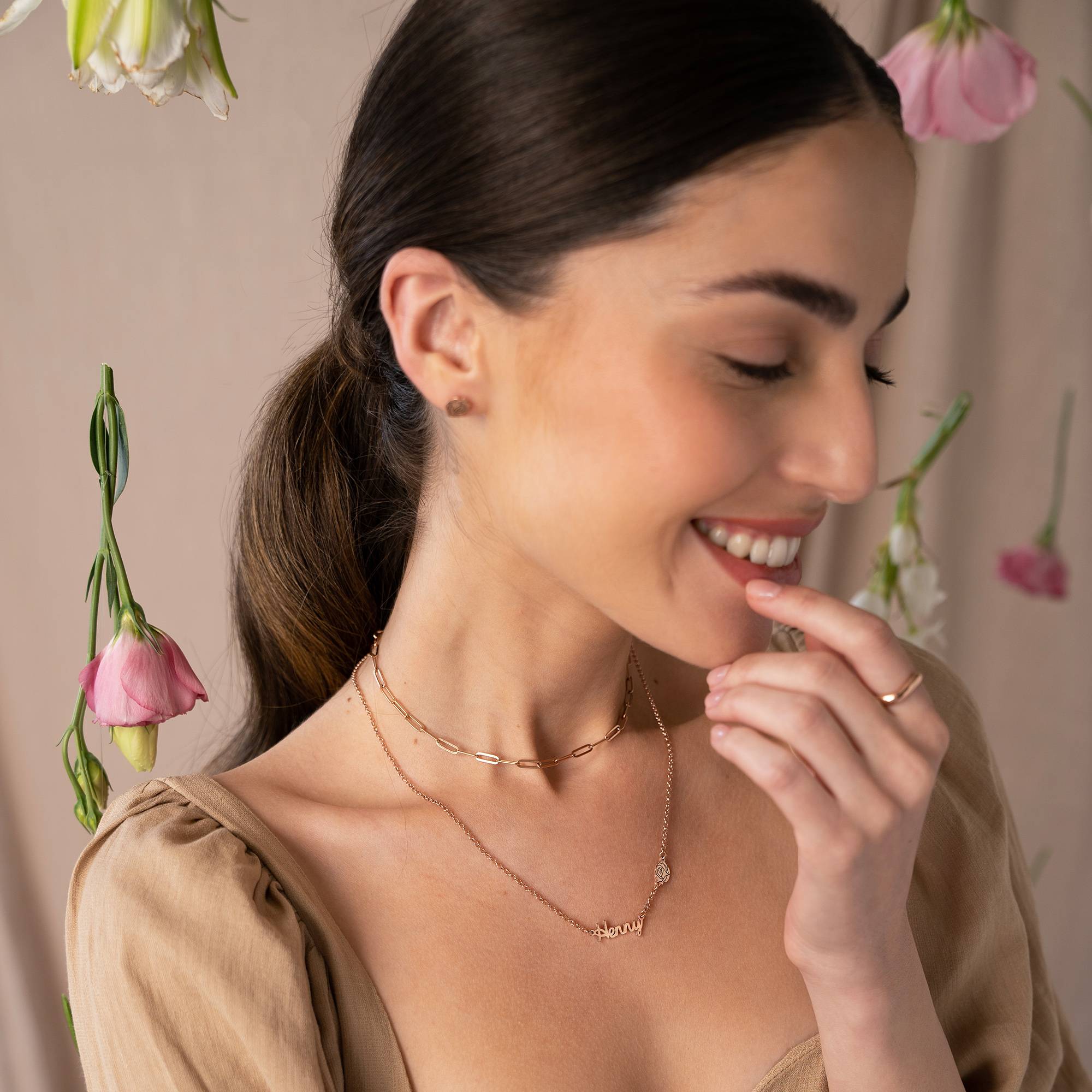 Blühende Geburtsblume Mehrnamen-Kette - Roségold-Vermeil-6 Produktfoto