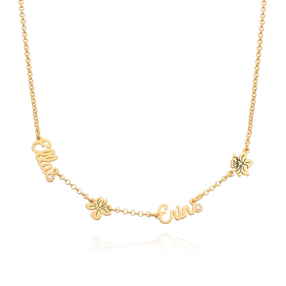 Blühende Geburtsblume Mehrnamen-Kette mit Diamanten - vergoldetes Sterlingsilber-6 Produktfoto