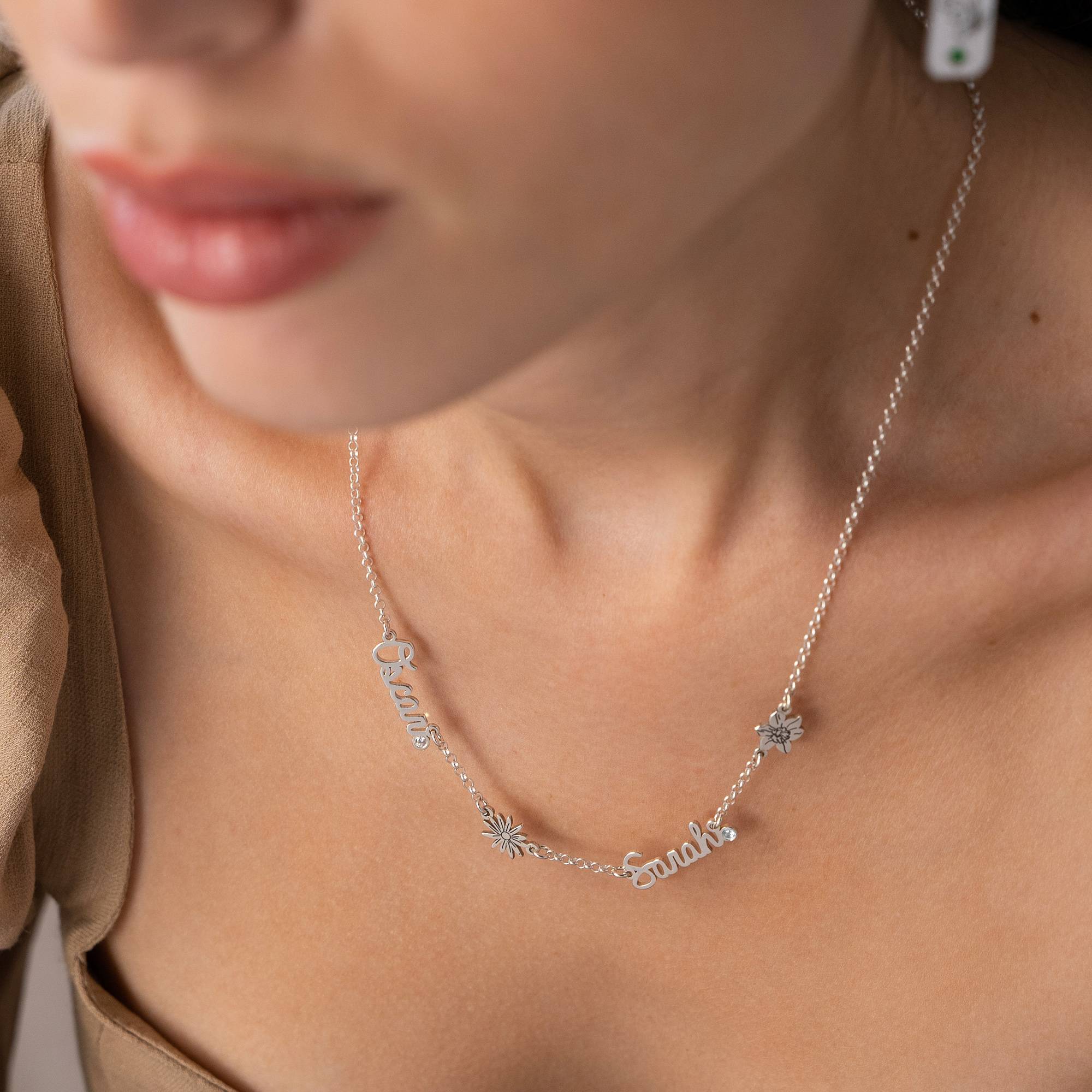 Blühende Geburtsblume Mehrnamen-Kette mit Diamanten - 925er Sterlingsilber-6 Blühende Geburtsblume Mehrnamen-Kette mit Diamanten - 925er Sterlingsilber-6 Produktfoto
