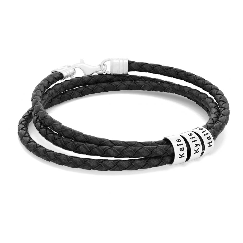 Navigator schwarzes geflochtenes Lederarmband mit gravierten silbernen Beads-2 Produktfoto