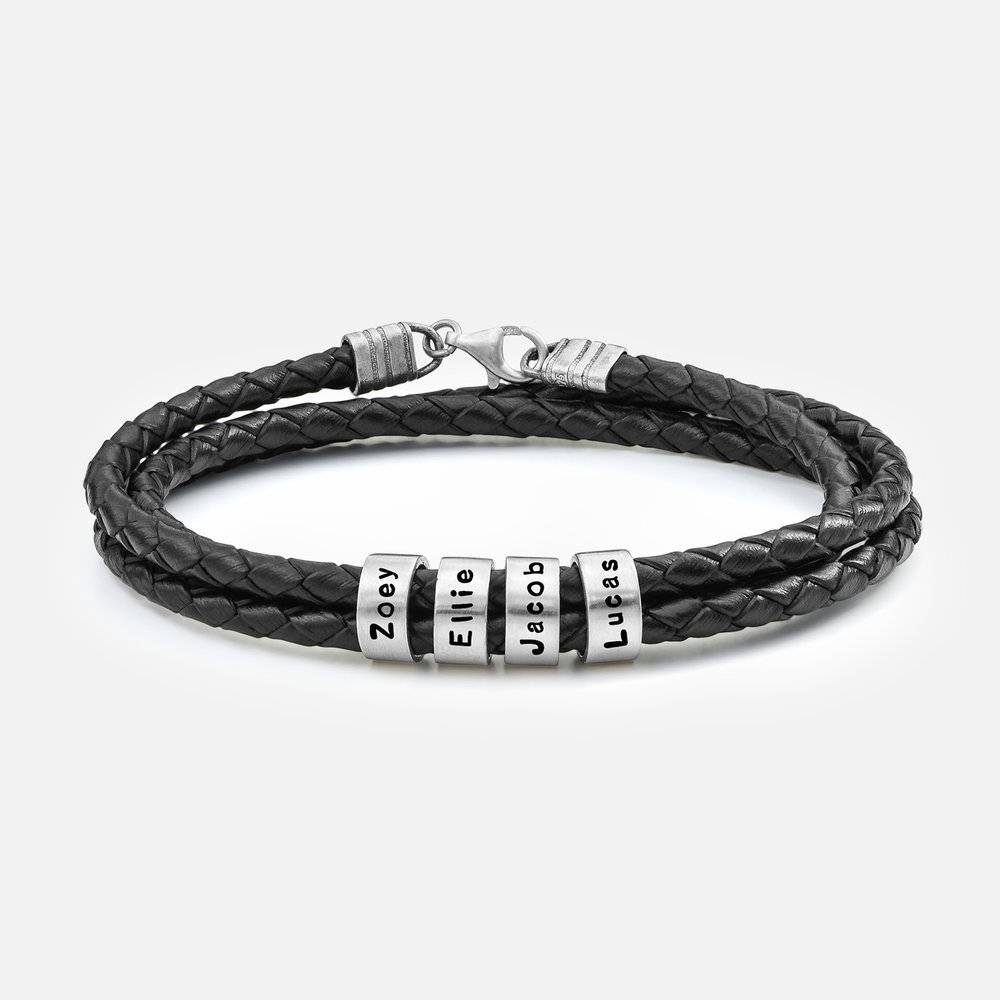Navigator schwarzes geflochtenes Lederarmband mit gravierten silbernen Beads-1 Produktfoto