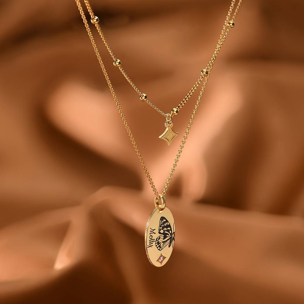 Lagenlook-Kette mit Schmetterling und Geburtsstein - Vergoldet-2 Produktfoto
