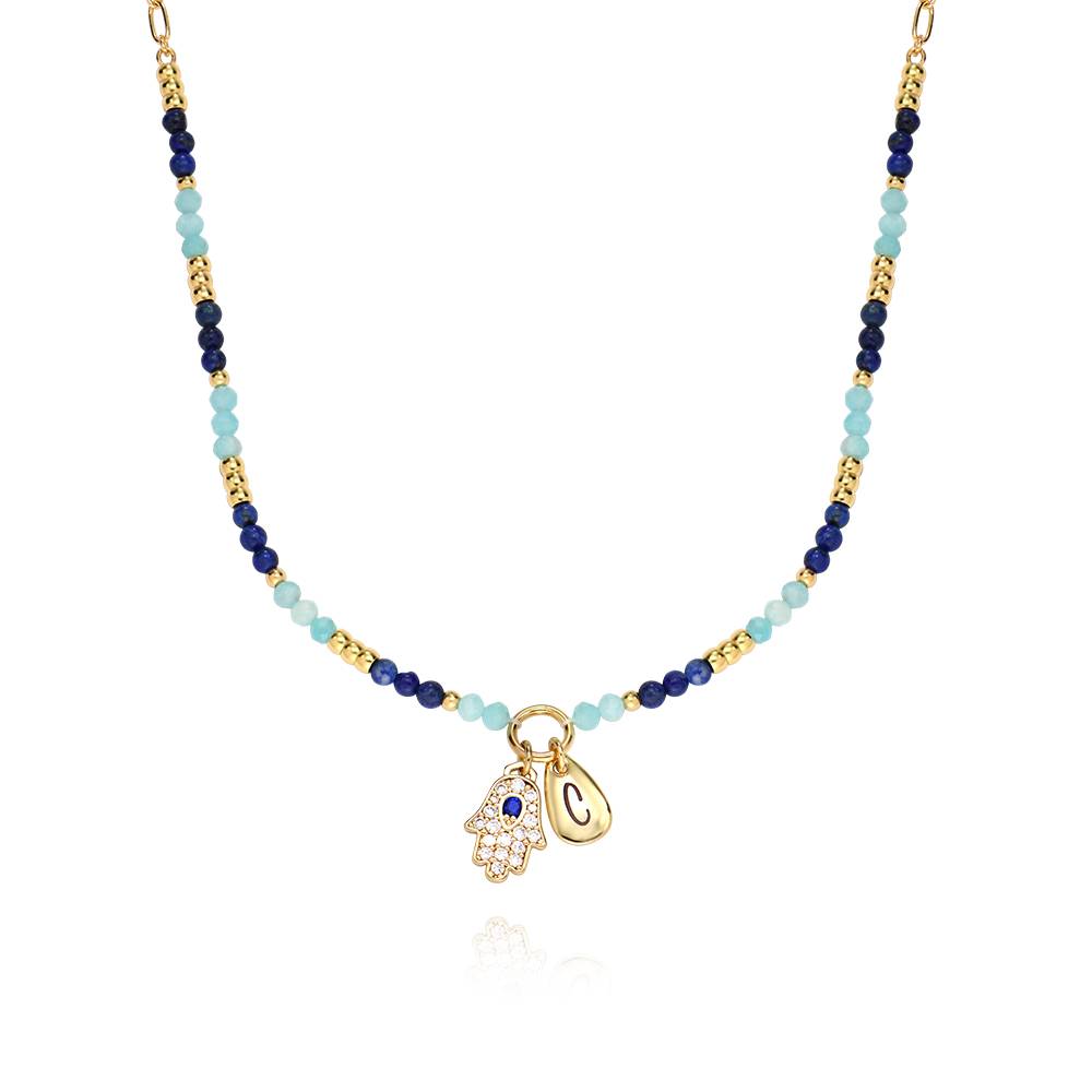 Küsten-Hamsa Halskette mit Initialen und Halbedelstein-Perlen - 750er vergoldetes Messing-1 Küsten-Hamsa Halskette mit Initialen und Halbedelstein-Perlen - 750er vergoldetes Messing-1 Produktfoto