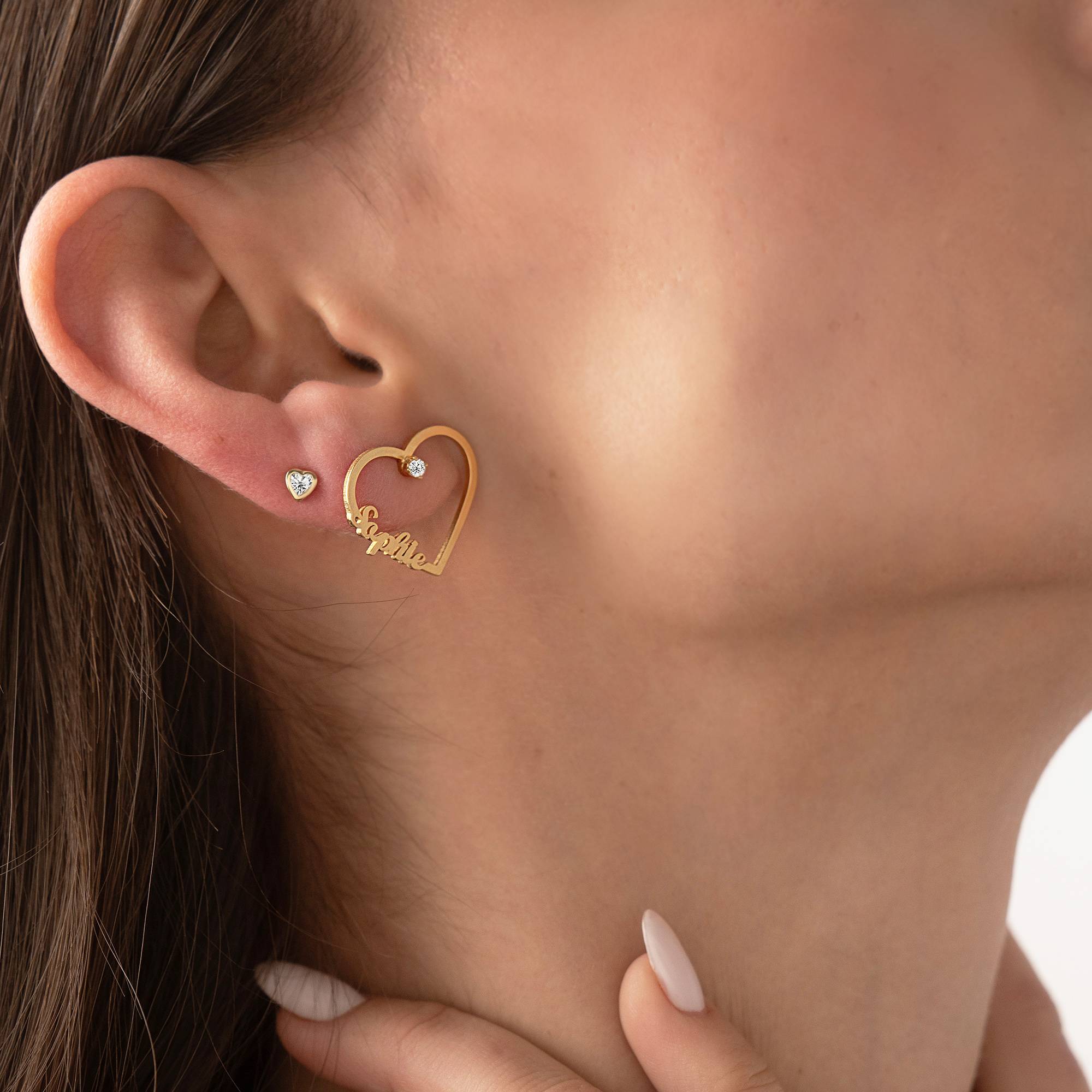 Herzförmige Ohrringe mit zwei Namen und 0,05 ct Diamanten - vergoldetes Sterlingsilber-1 Produktfoto