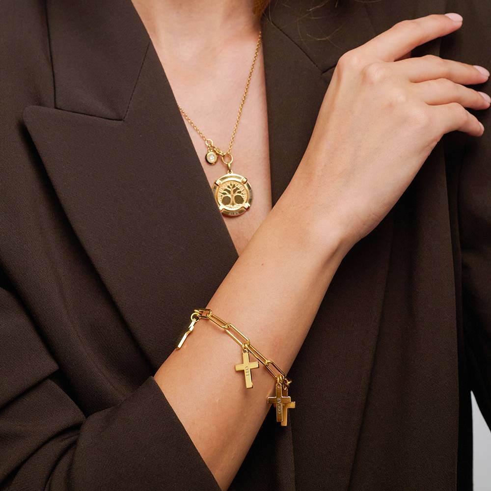 Gliederarmband mit gravierten Kreuz-Anhängern - Gold-Vermeil-3 Produktfoto