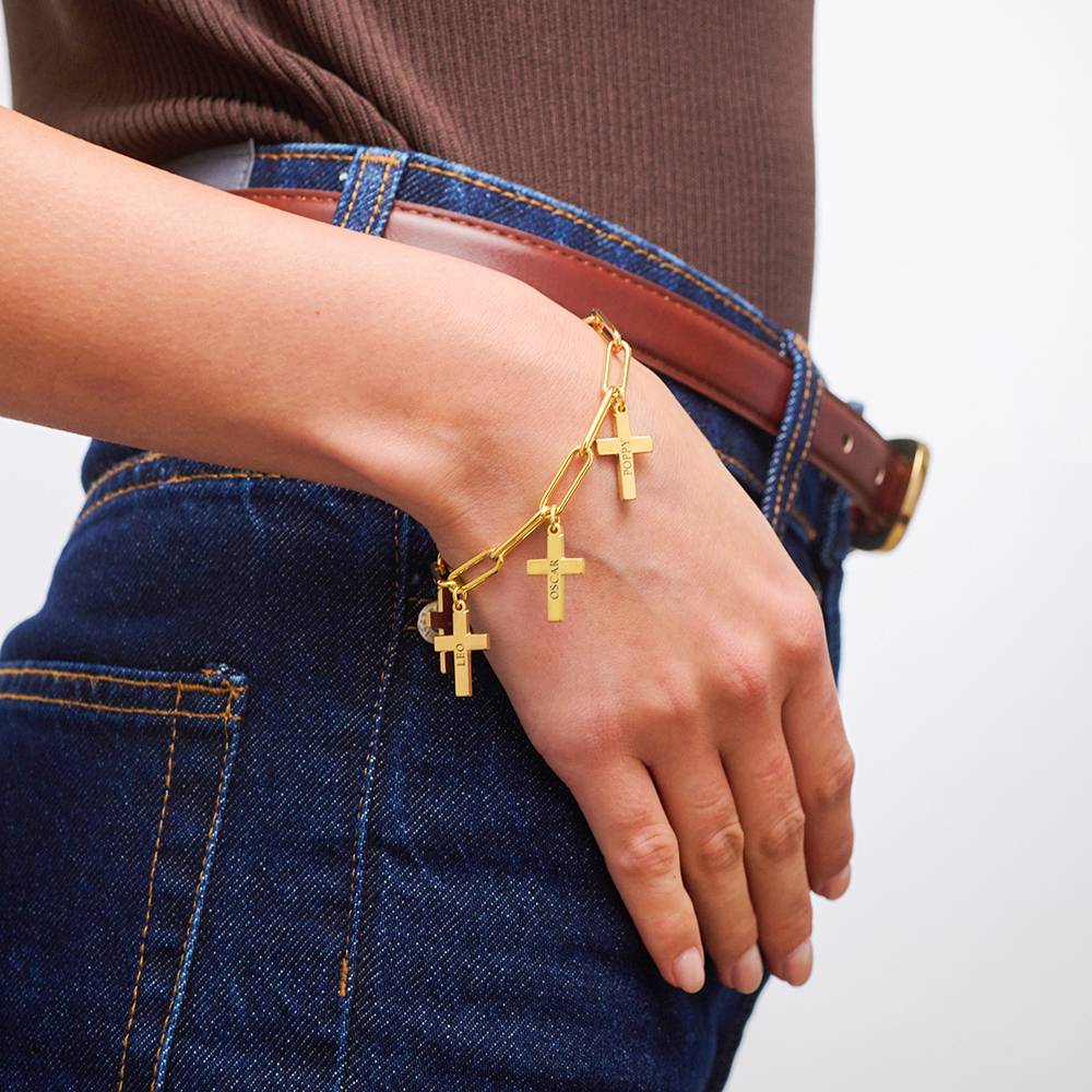 Gliederarmband mit gravierten Kreuz-Anhängern - Gold-Vermeil-4 Produktfoto