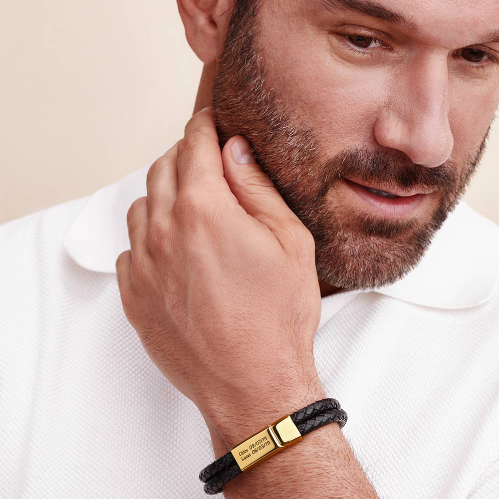 Explorer Herrenarmband aus schwarzem Leder - Vergoldet-4 Produktfoto