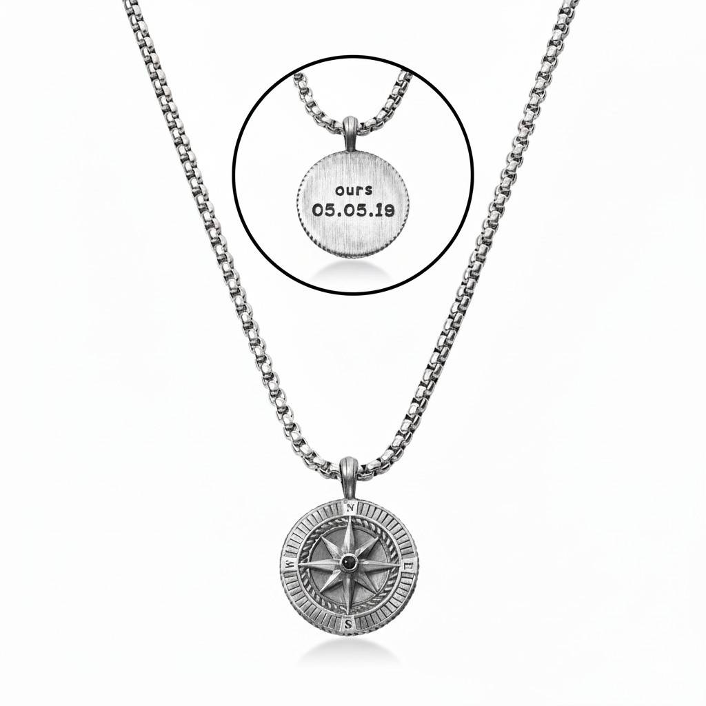 Gravierbare Herrenkette mit Kompass-Anhänger - 925er Sterlingsilber-7 Gravierbare Herrenkette mit Kompass-Anhänger - 925er Sterlingsilber-7 Produktfoto