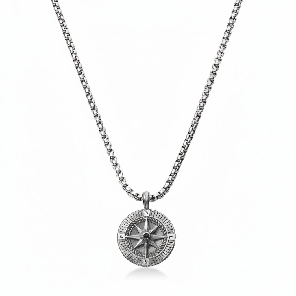 Gravierbare Herrenkette mit Kompass-Anhänger - 925er Sterlingsilber-8 Gravierbare Herrenkette mit Kompass-Anhänger - 925er Sterlingsilber-8 Produktfoto
