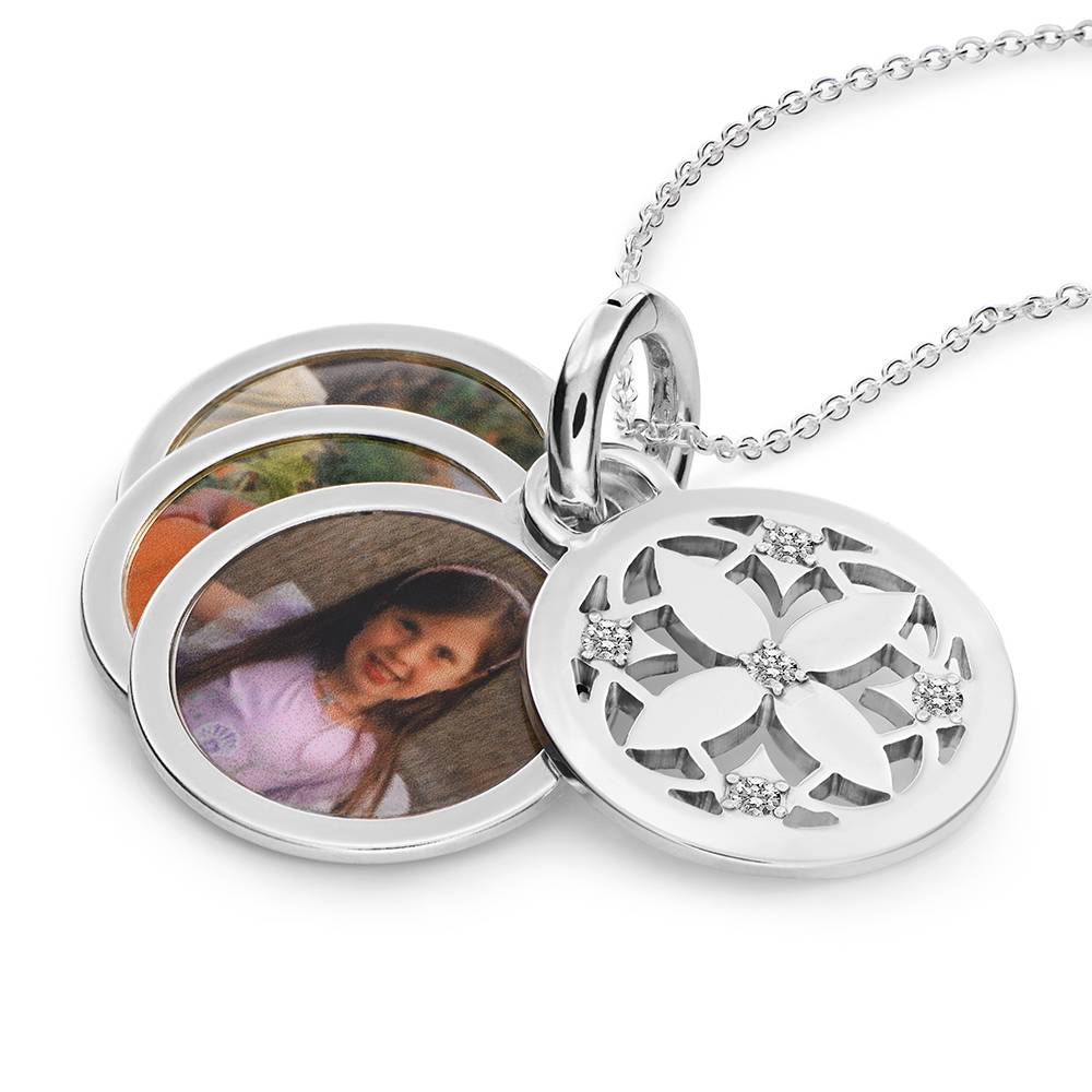 Blümchen Foto-Anhänger Halskette mit Diamanten - 925er Sterlingsilber-2 Produktfoto