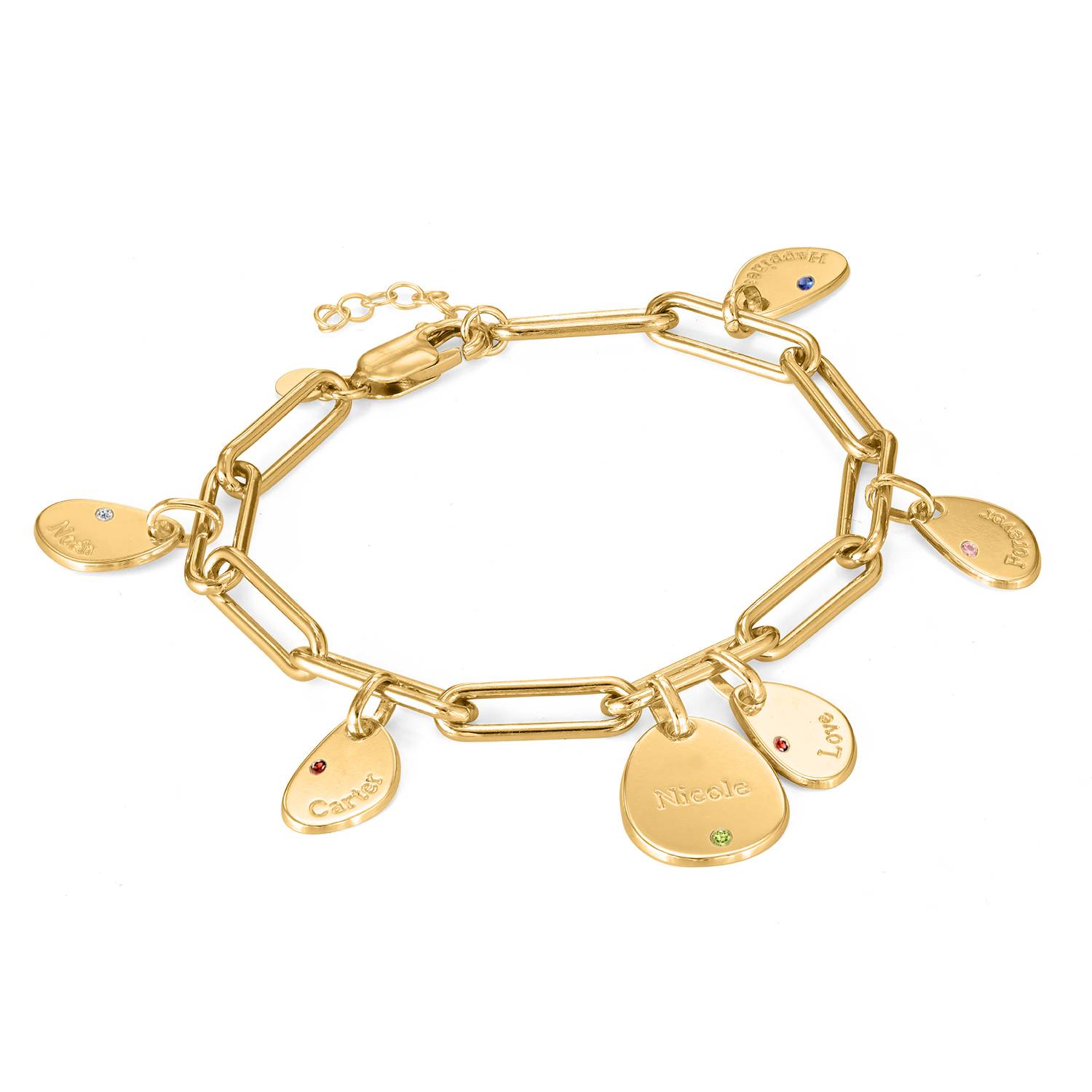 Hazel Gliederarmband mit gravierbaren Geburtsstein-Charms - Vergoldet-4 Hazel Gliederarmband mit gravierbaren Geburtsstein-Charms - Vergoldet-4 Produktfoto