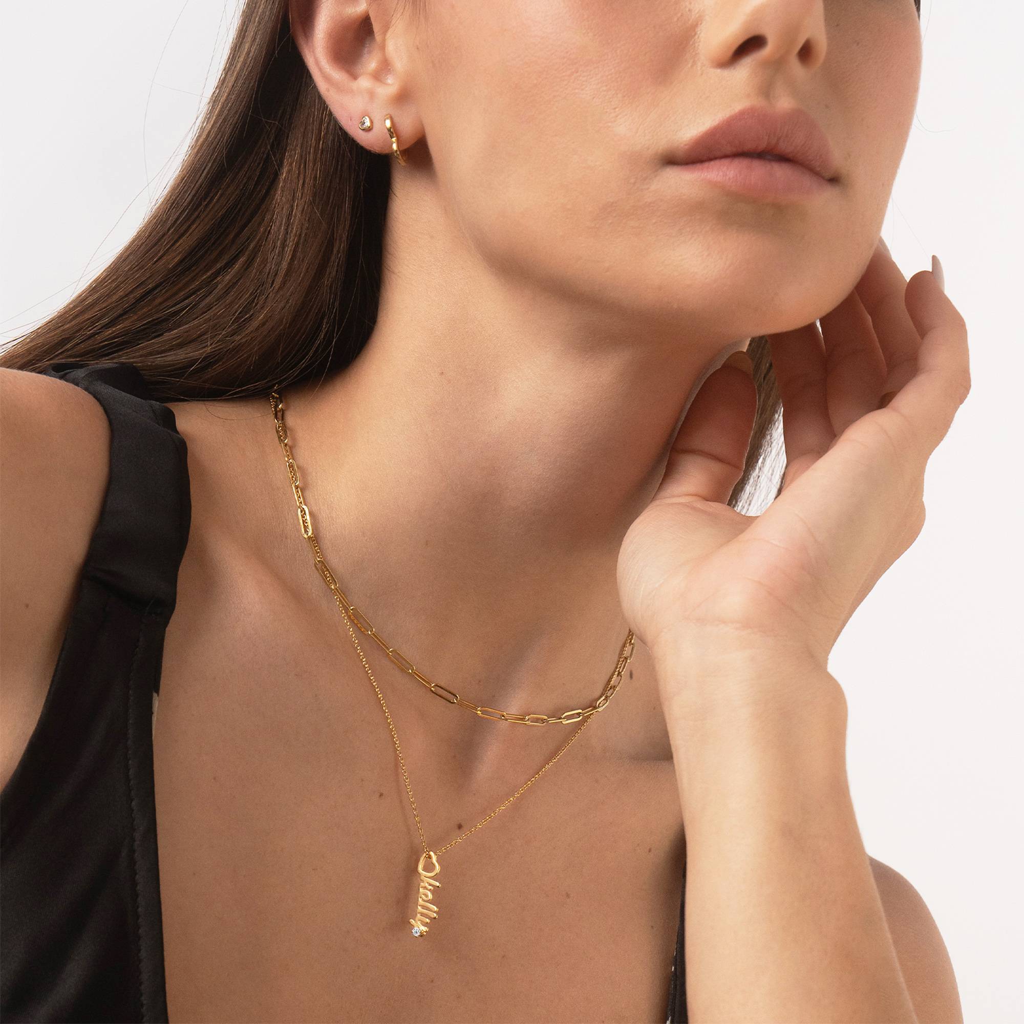 Kette mit vertikalen Herztropfen-Namensanhängern und 0,05 ct Diamanten - Gold-Vermeil-2 Kette mit vertikalen Herztropfen-Namensanhängern und 0,05 ct Diamanten - Gold-Vermeil-2 Produktfoto