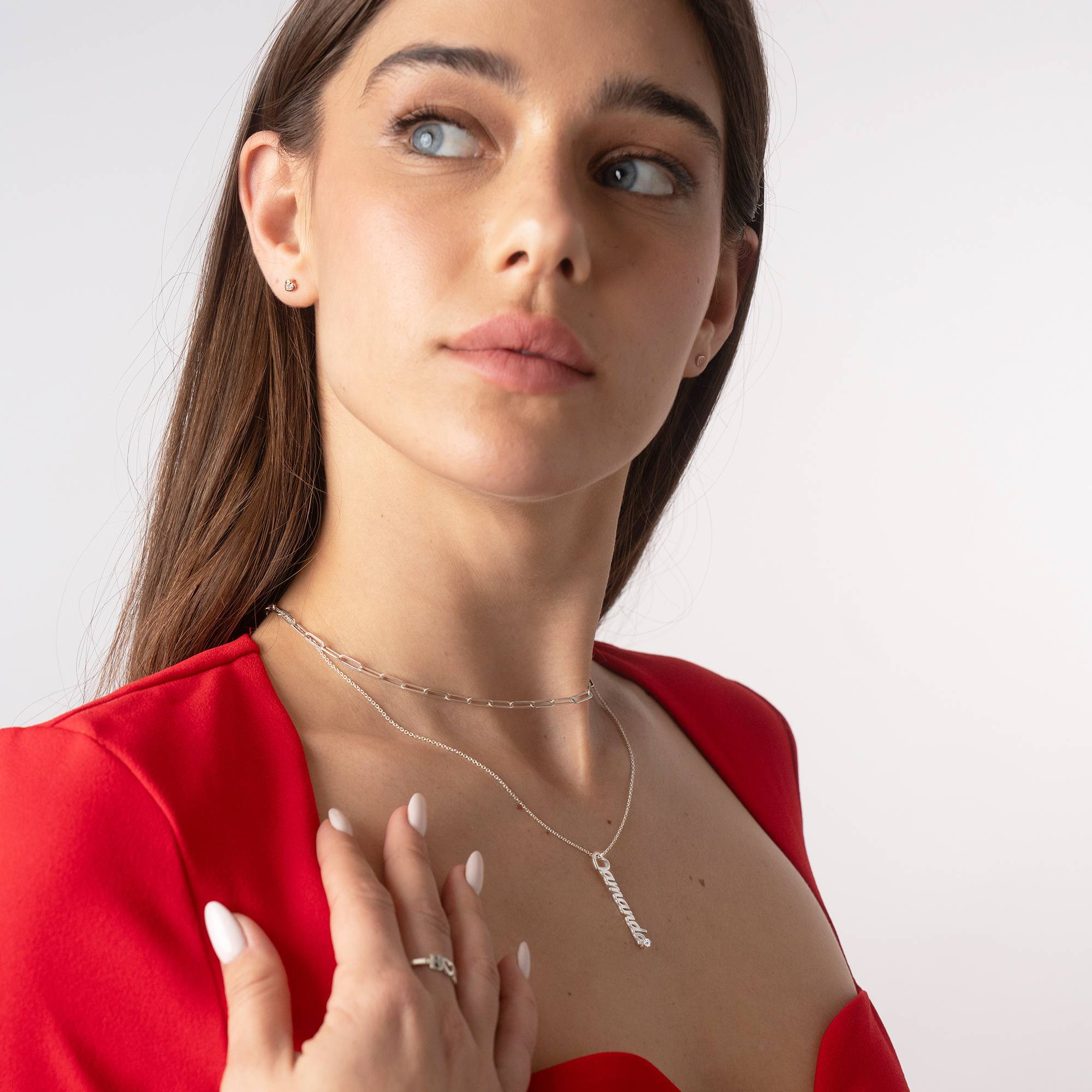 Kette mit vertikalen Herztropfen-Namensanhängern und 0,05 ct Diamanten - 925er Sterlingsilber-3 Produktfoto
