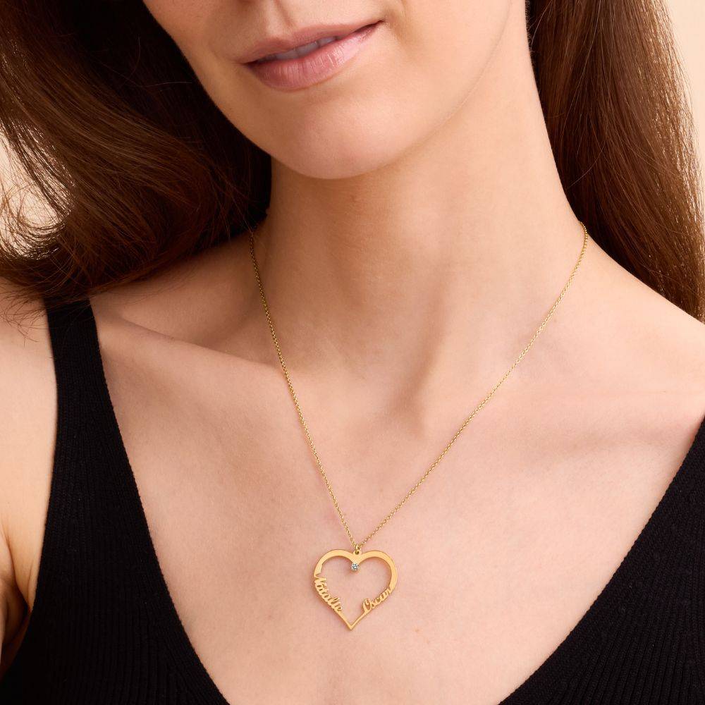 Herzförmige Halskette mit zwei Namen und 0,05 ct Diamant - Vergoldet-4 Produktfoto