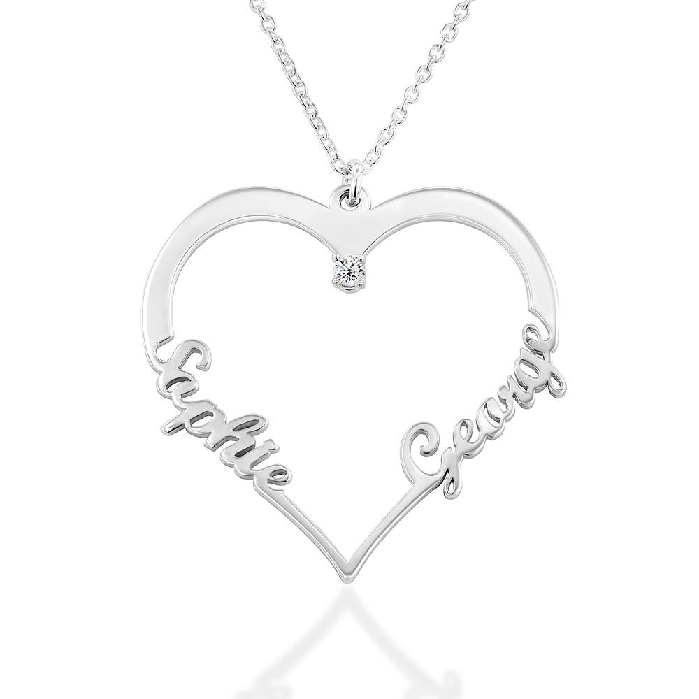 Herzförmige Halskette mit zwei Namen und 0,05 ct Diamant - Silber-1 Herzförmige Halskette mit zwei Namen und 0,05 ct Diamant - Silber-1 Produktfoto