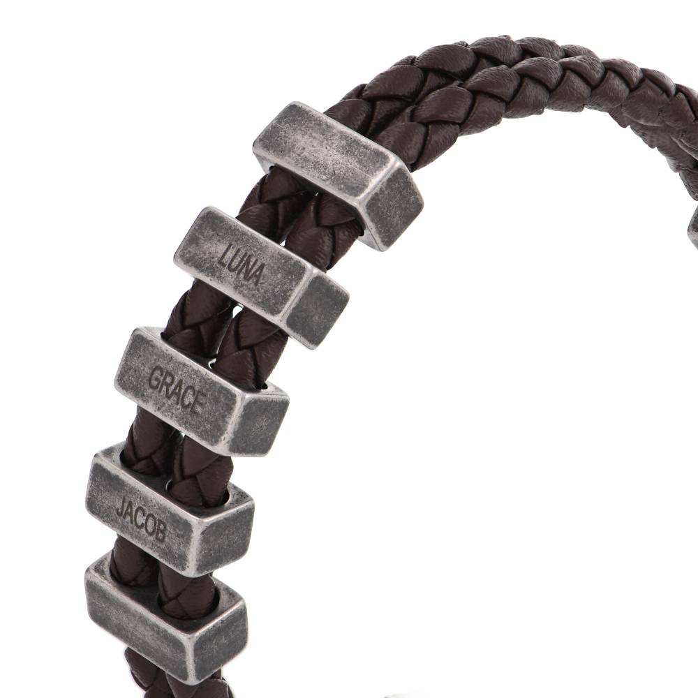 Hunter braunes geflochtenes T-Bar Lederarmband mit gravierbaren Edelstahl-Beads-2 Hunter braunes geflochtenes T-Bar Lederarmband mit gravierbaren Edelstahl-Beads-2 Produktfoto