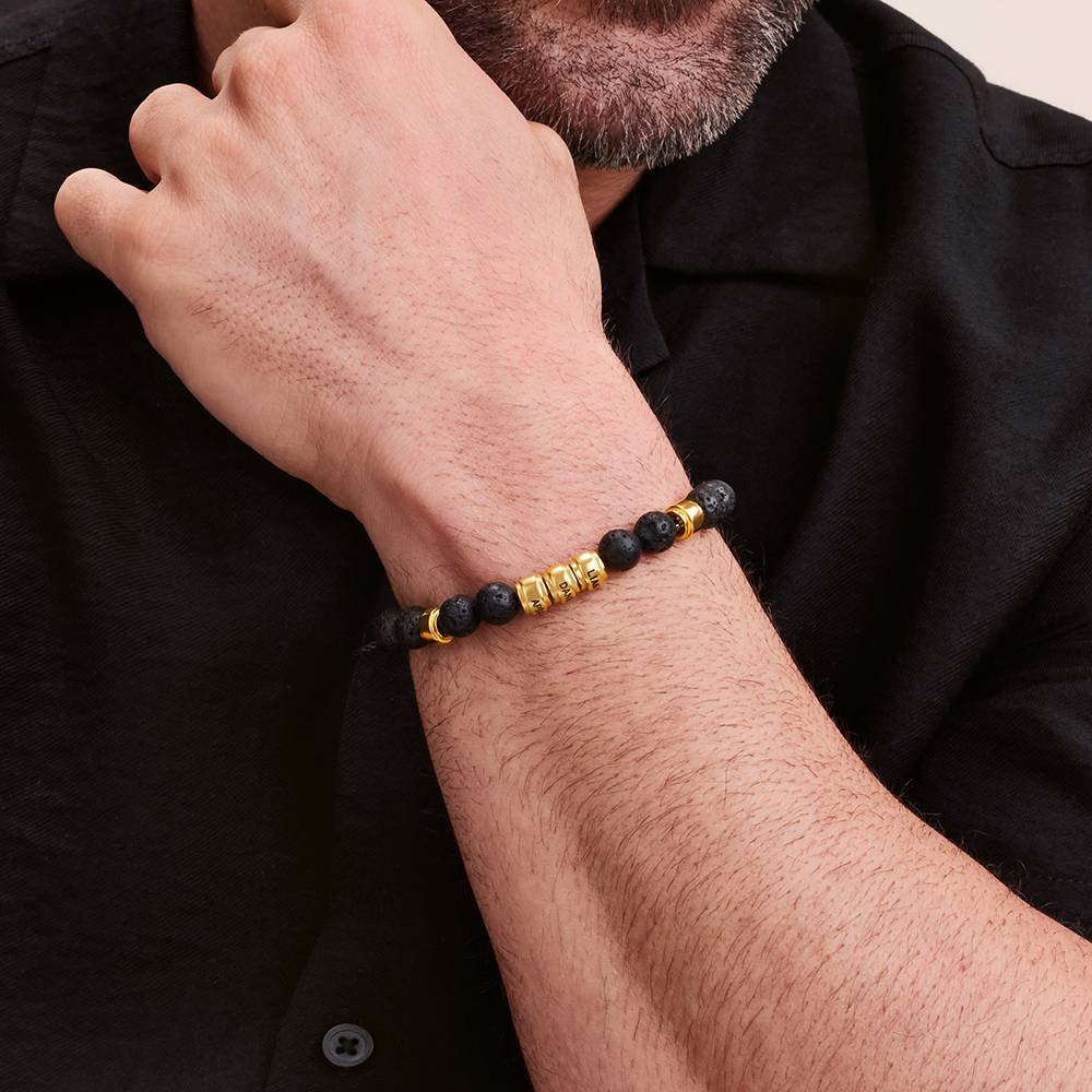 Lavastein Herrenarmband mit gravierbaren vergoldeten Beads-4 Produktfoto