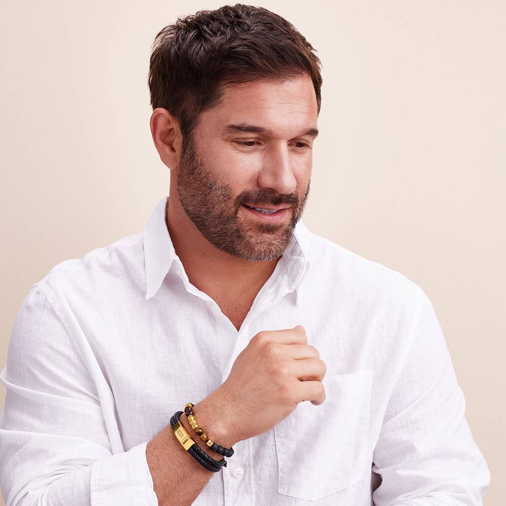 Lavastein & Tiegerauge Herrenarmband mit vergoldeten gravierbaren Beads-5 Produktfoto
