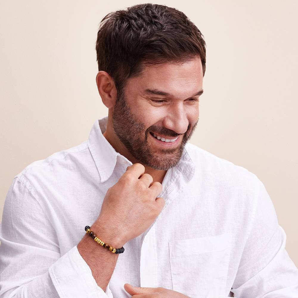 Lavastein & Tiegerauge Herrenarmband mit vergoldeten gravierbaren Beads-3 Produktfoto
