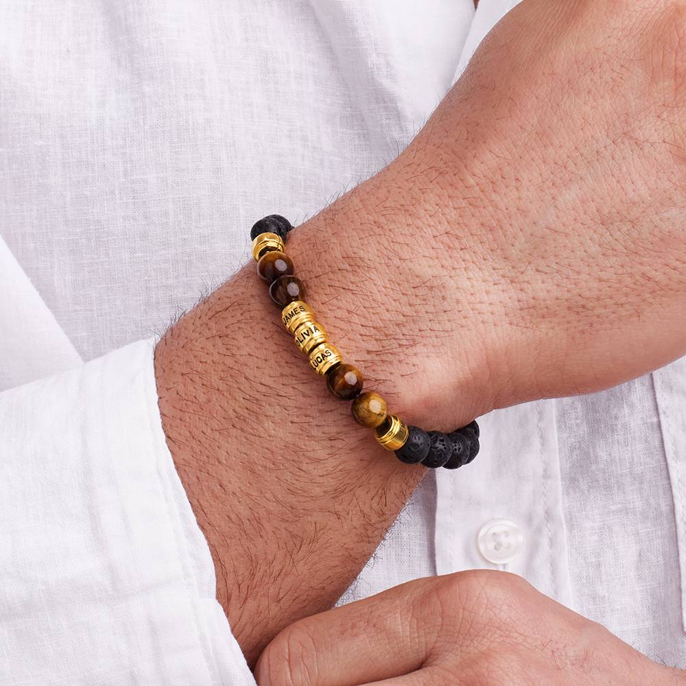 Lavastein & Tiegerauge Herrenarmband mit vergoldeten gravierbaren Beads-4 Produktfoto