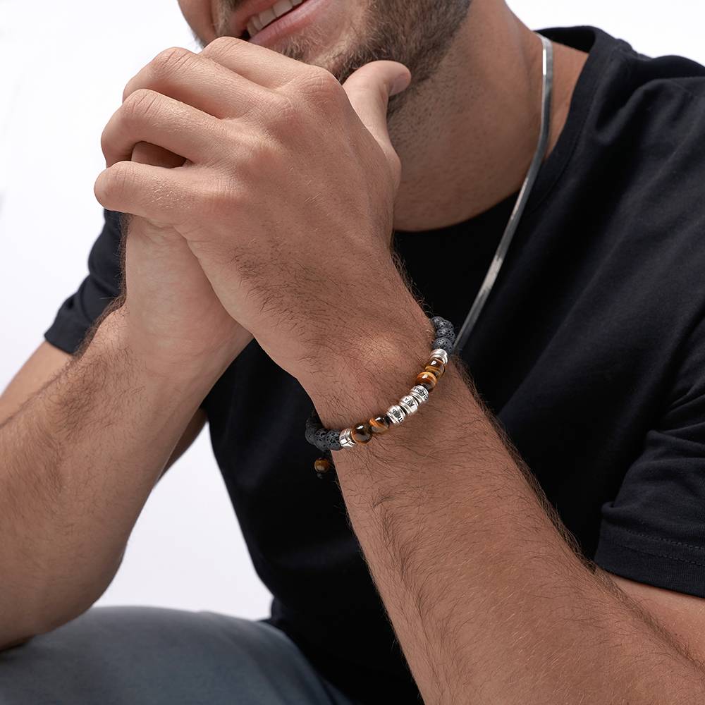 Lavastein & Tiegerauge Herrenarmband mit silbernen gravierbaren Beads-2 Produktfoto