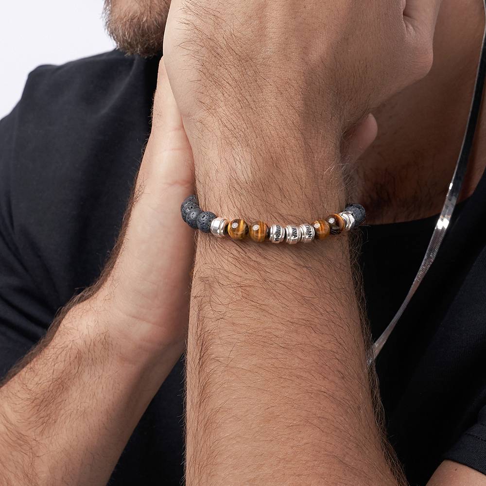 Lavastein & Tiegerauge Herrenarmband mit silbernen gravierbaren Beads-3 Produktfoto