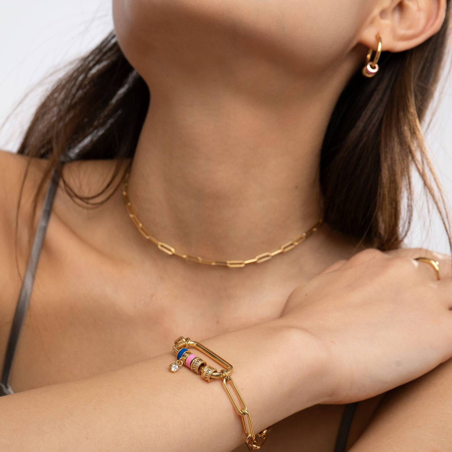 Linda Karabiner-Armband mit gravierten Beads und 0,25 ct Diamant - Gold-Vermeil-2 Linda Karabiner-Armband mit gravierten Beads und 0,25 ct Diamant - Gold-Vermeil-2 Produktfoto