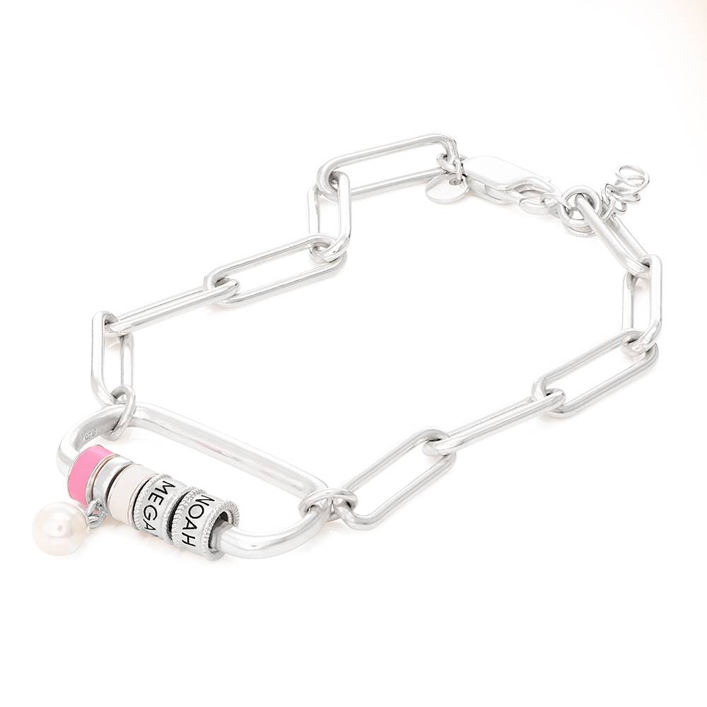 Linda Karabiner-Armband mit gravierten Beads und Perle - 925er Sterlingsilber-2 Produktfoto