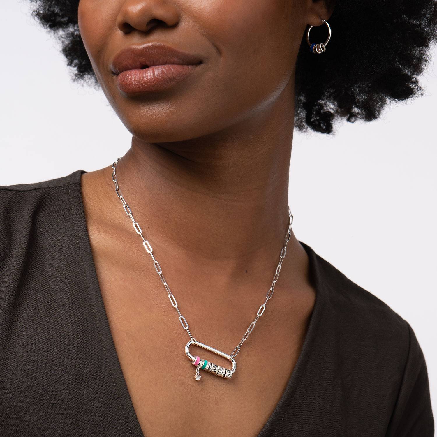 Linda Karabiner-Halskette mit gravierten Beads und 0,25 ct Diamant - 925er Sterlingsilber-6 Produktfoto