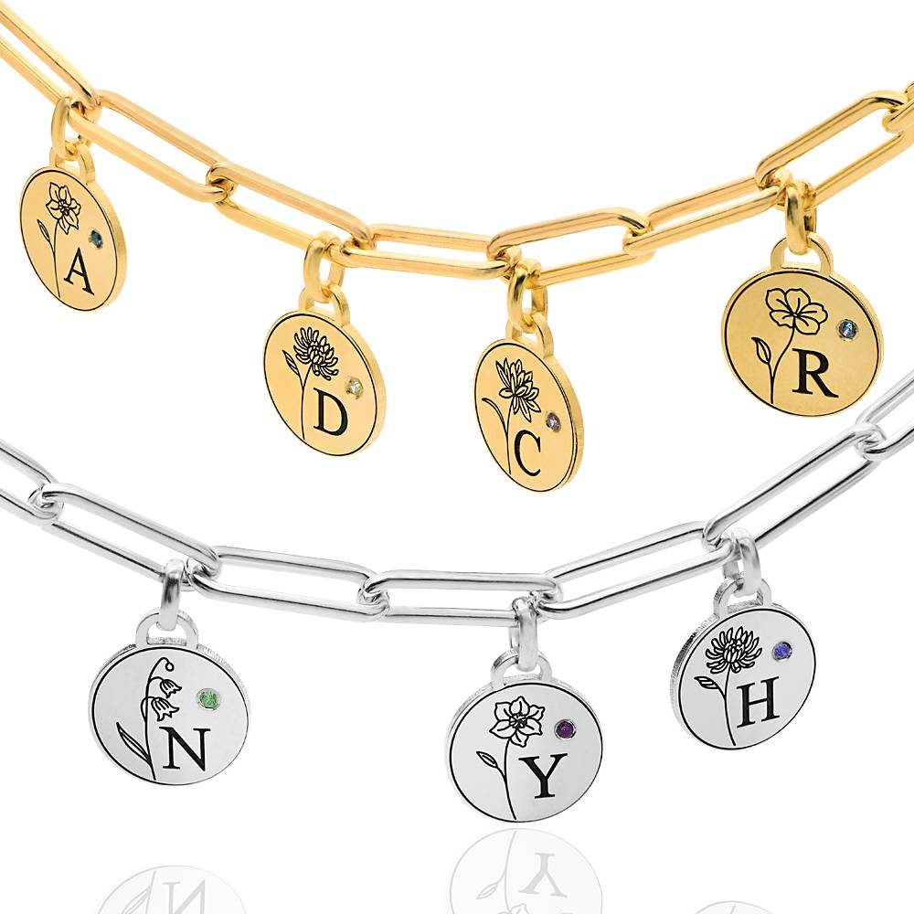 Prärie Initial Charm-Armband mit Geburtsblume und Geburtsstein - vergoldetes Sterlingsilber-1 Produktfoto