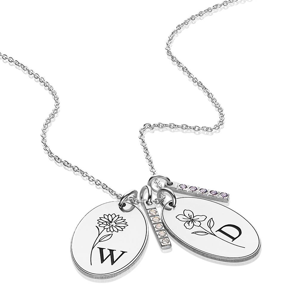 Prärie Initial Charm-Halskette mit Geburtsblume und Geburtsstein - in Silber-2 Prärie Initial Charm-Halskette mit Geburtsblume und Geburtsstein - in Silber-2 Produktfoto