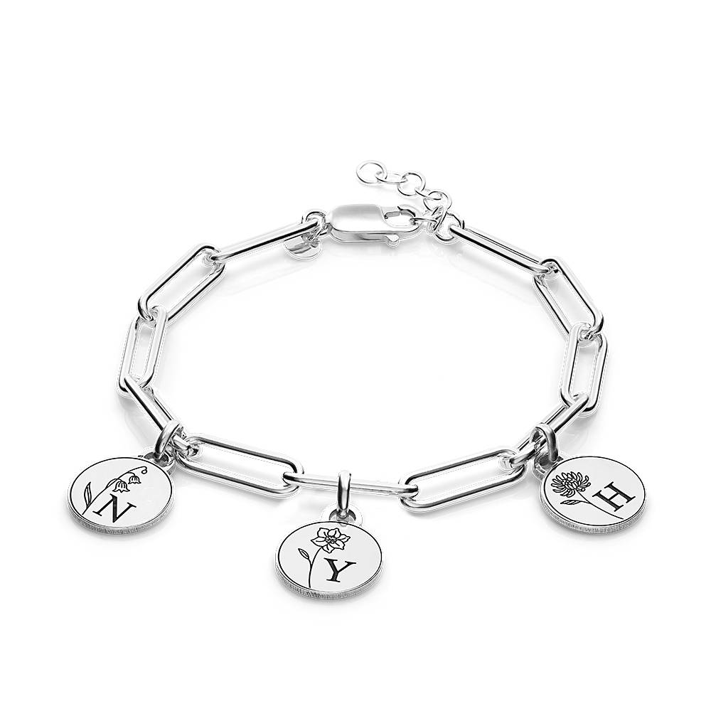 Prärie Initial Charm-Armband mit Geburtsblumen - Silber-1 Produktfoto