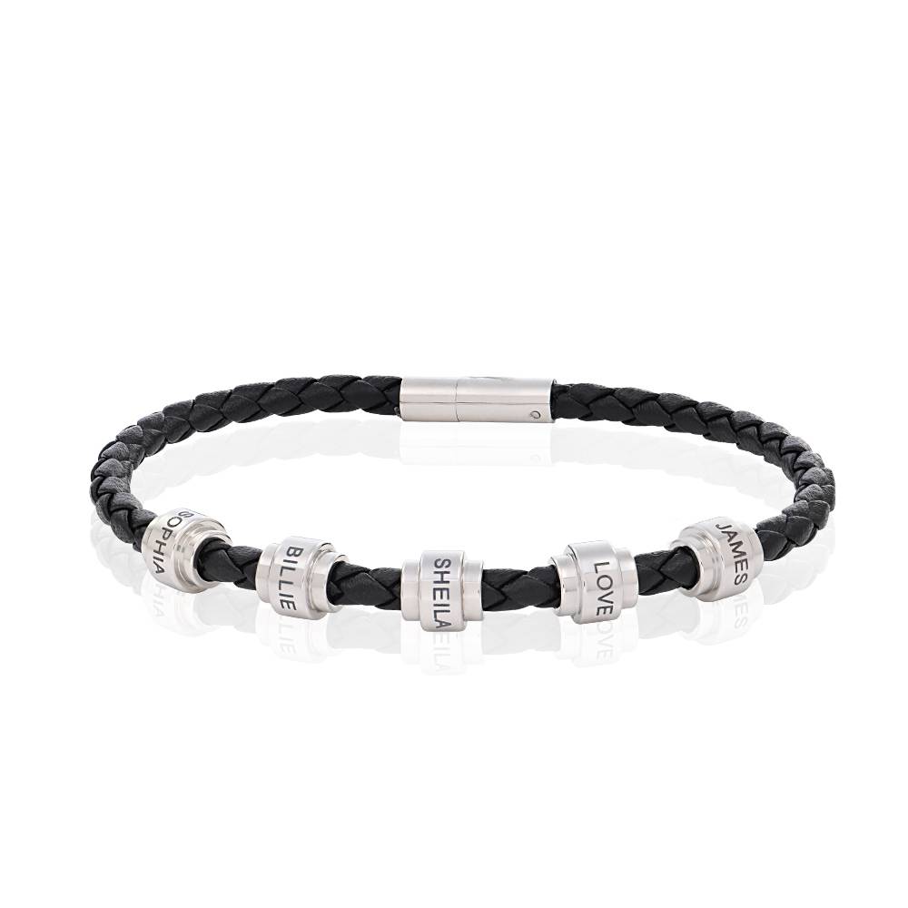 Schwarzes Lederarmband für Männer mit gravierbaren Edelstahl-Beads-1 Produktfoto