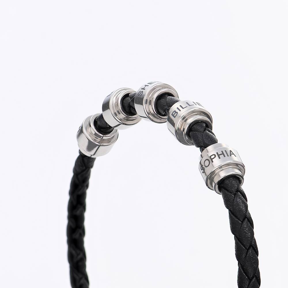 Schwarzes Lederarmband für Männer mit gravierbaren Edelstahl-Beads-5 Produktfoto