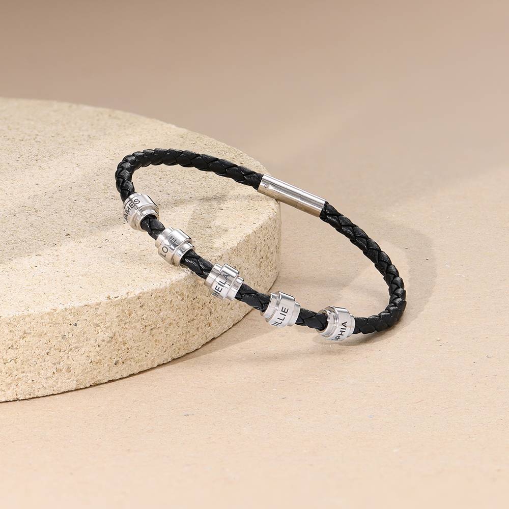 Schwarzes Lederarmband für Männer mit gravierbaren Edelstahl-Beads-4 Produktfoto