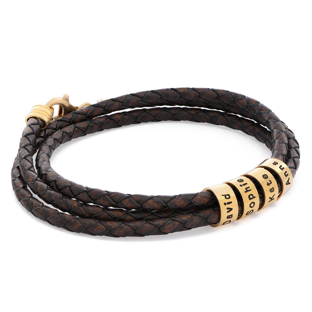 Navigator braunes geflochtenes Lederarmband mit gravierten vergoldeten Beads-2 Produktfoto