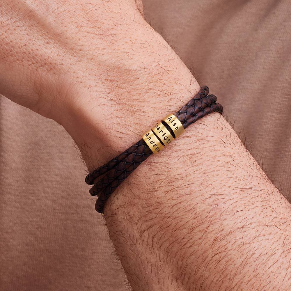 Navigator braunes geflochtenes Lederarmband mit gravierten vergoldeten Beads-4 Produktfoto