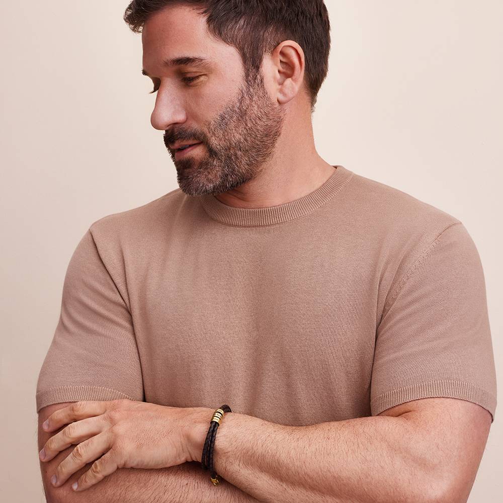 Navigator braunes geflochtenes Lederarmband mit gravierten Vermeil-Beads-2 Produktfoto