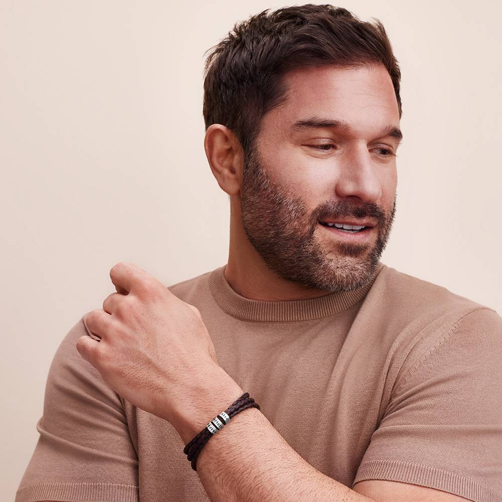 Navigator braunes geflochtenes Lederarmband mit gravierten silbernen Beads-5 Produktfoto