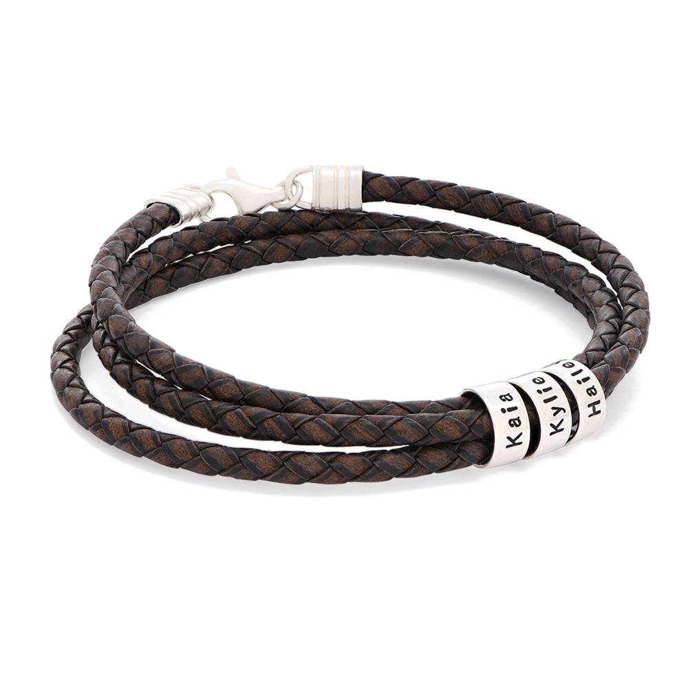 Navigator braunes geflochtenes Lederarmband mit gravierten silbernen Beads-2 Produktfoto
