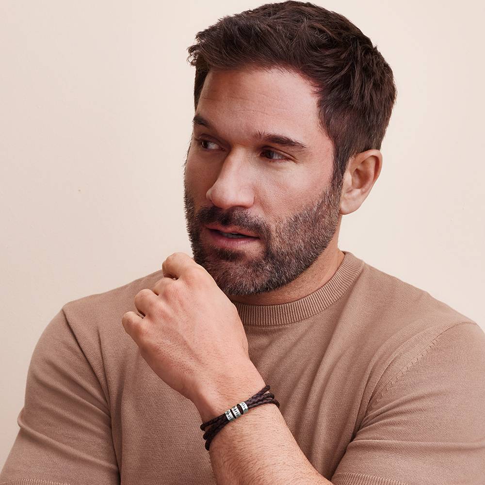 Navigator braunes geflochtenes Lederarmband mit gravierten silbernen Beads-3 Produktfoto