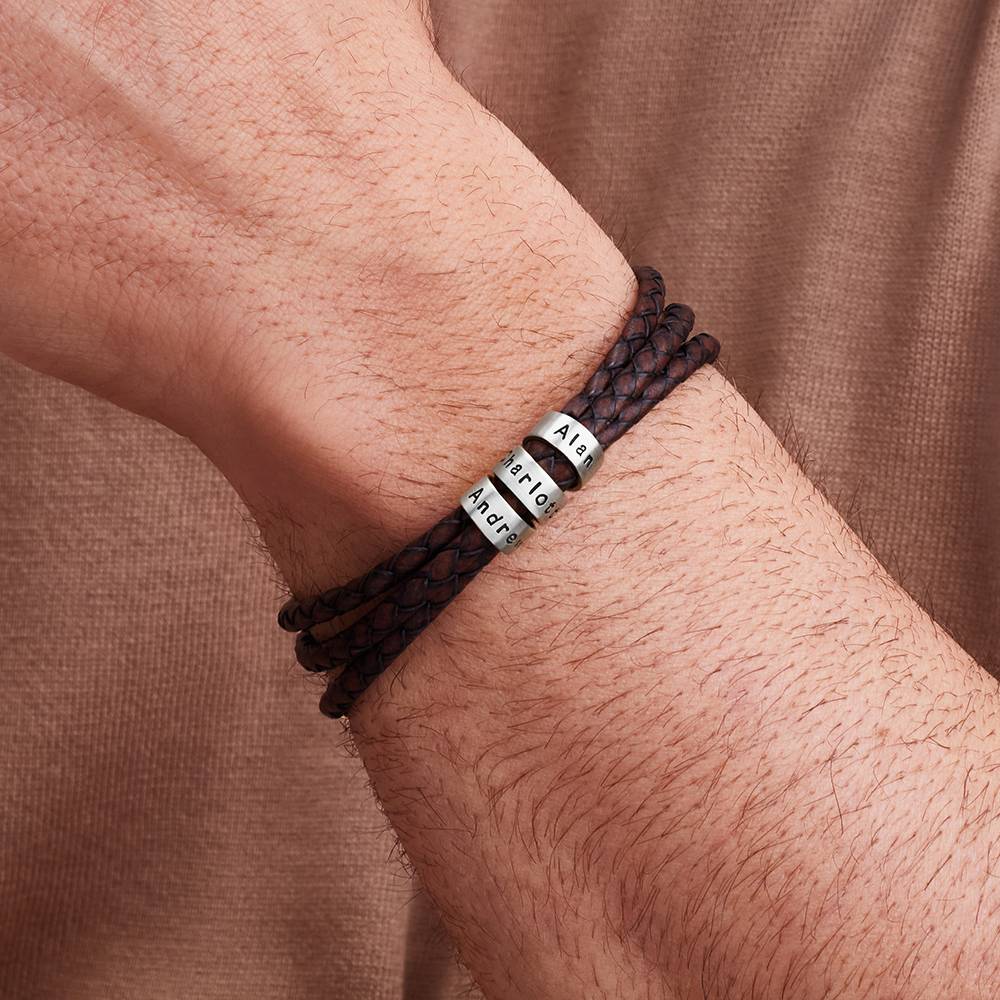 Navigator braunes geflochtenes Lederarmband mit gravierten silbernen Beads-4 Produktfoto