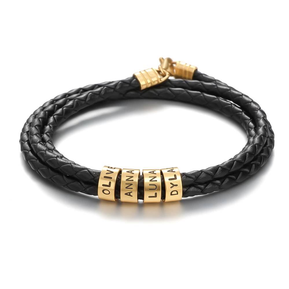 Navigator schwarzes geflochtenes  Lederarmband mit gravierten vergoldeten Beads-3 Produktfoto