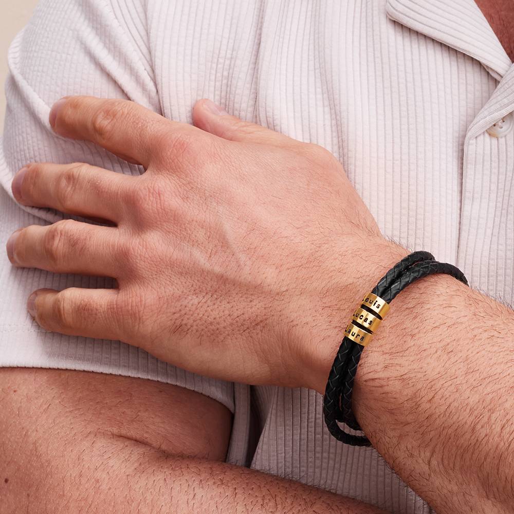 Navigator schwarzes geflochtenes  Lederarmband mit gravierten vergoldeten Beads-1 Produktfoto