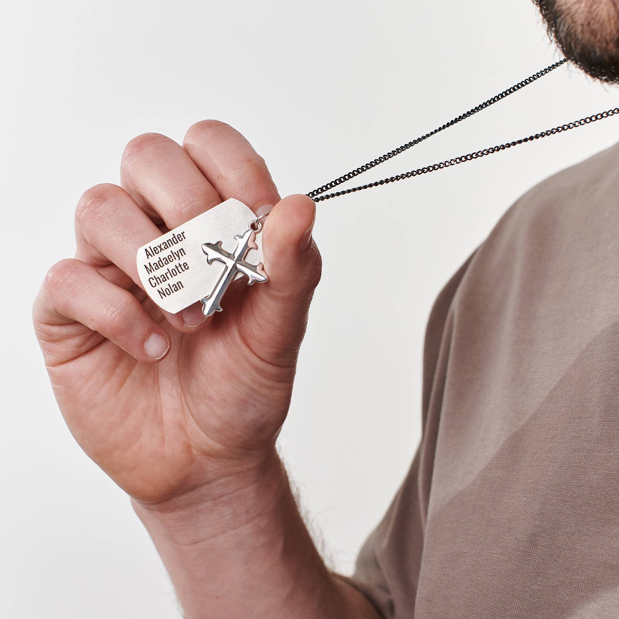 Personalisierte Kreuz & Dog Tag Halskette für Männer - Silber-3 Produktfoto