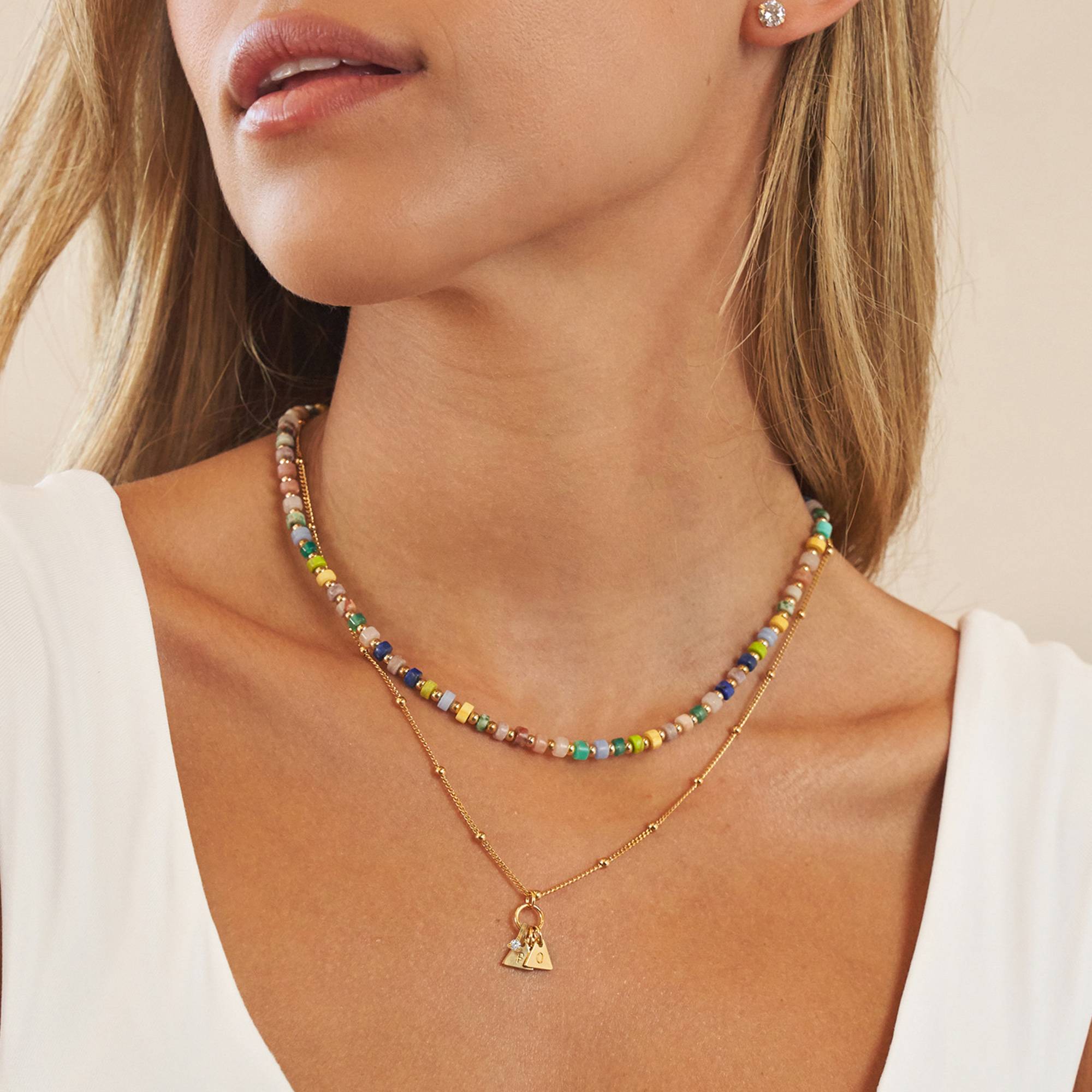 Resort Lagenlookset Perlenkette mit Initialen und 0.10 ct Diamanten - Vergoldet-4 Produktfoto